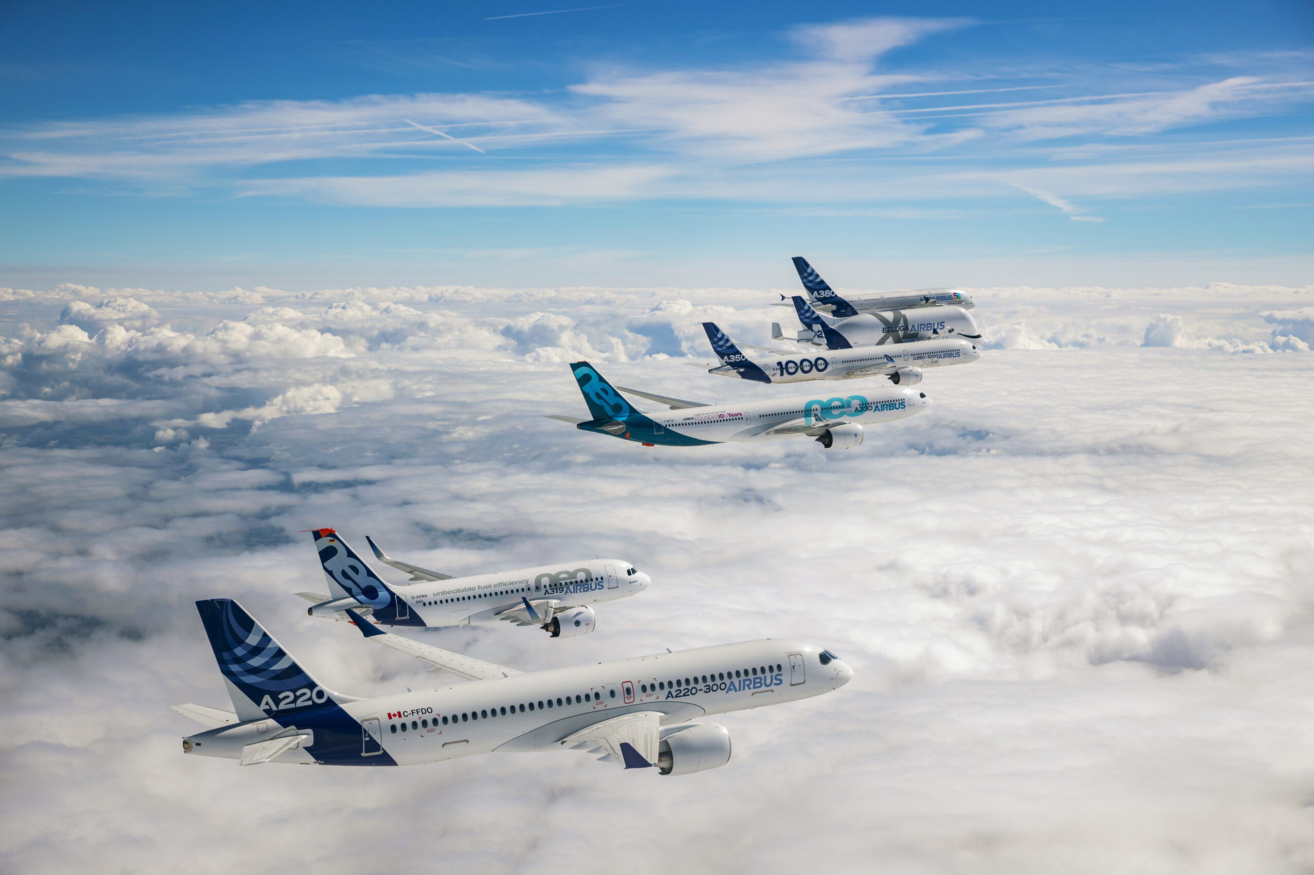 Airplanes flying through the clouds.